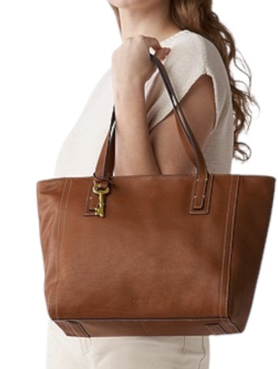 Fossil Handbags - Fossil Emma Tote Leather Zip Top Tote Shoulder Bag Double Handle Purse Cognac